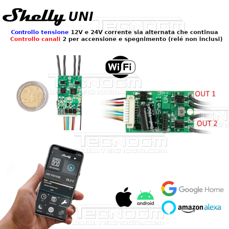 Shelly UNI 2 canali domotica WiFi energie rinnovabili lettore voltaggio batteria