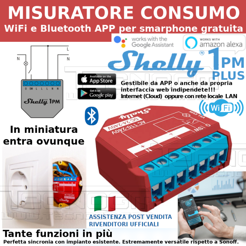 Shelly1 PLUS PM interruttore misuratore consumi domotica watt meter