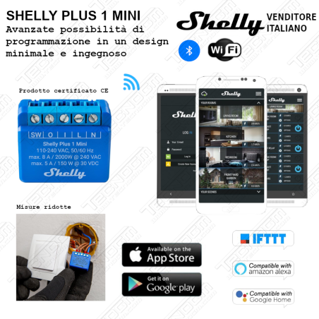 Shelly Mini 1 GEN 3 Smart Relay 8A AC/DC WiFi/BT Assistente Vocale Google Alexa Home Assistant