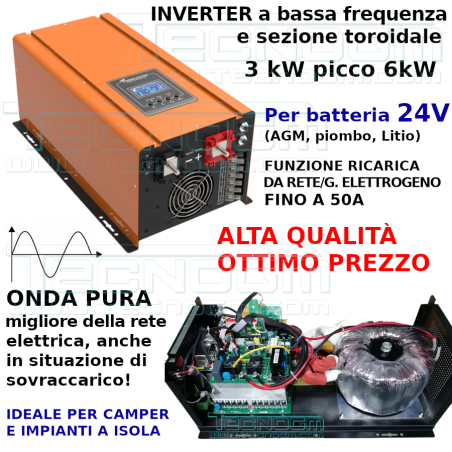 Inverter toroidale offgrid 24V 3kW con regolatore di carica 50A